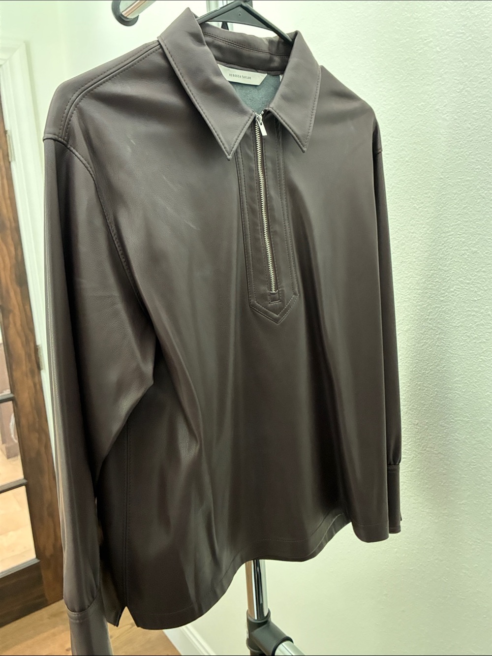 Men's Brown Half-Zip Leather-Look Polo Shirt